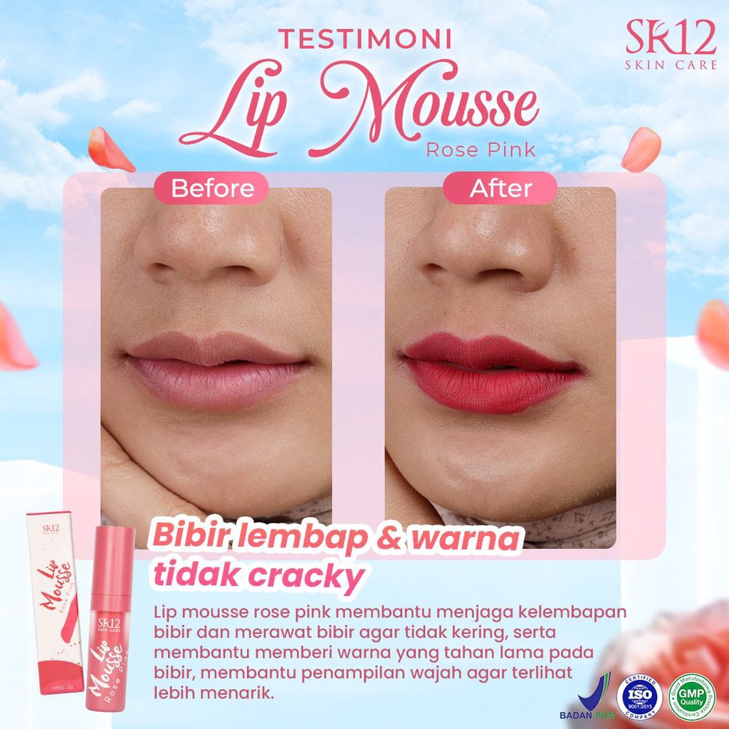 Lip Mousse SR12 / Cream Pelembab Bibir Alami / Hasil Soft dan Matte / Mengandung Vitamin E dan Sunscren Agent