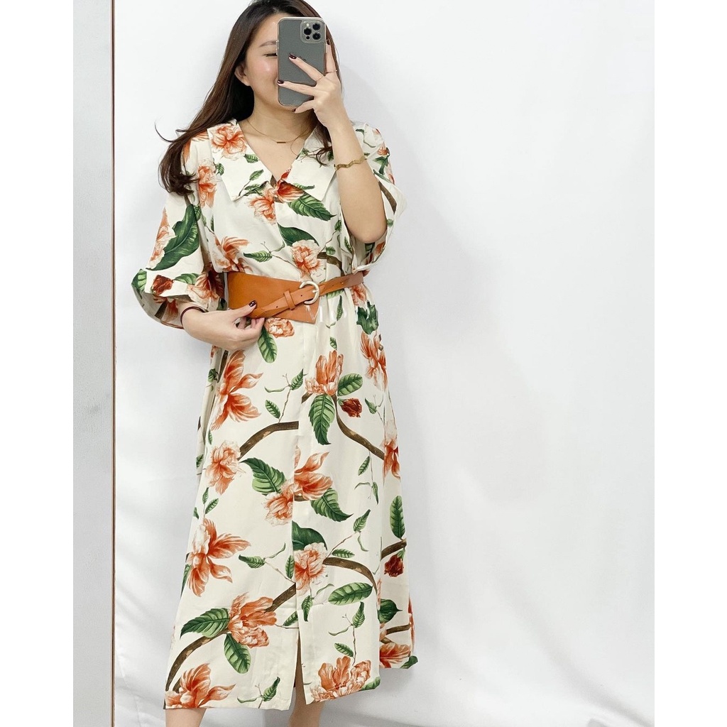 Dress Celebrine Midi Dress Korean Style Motif Bunga Lengan Pendek Import