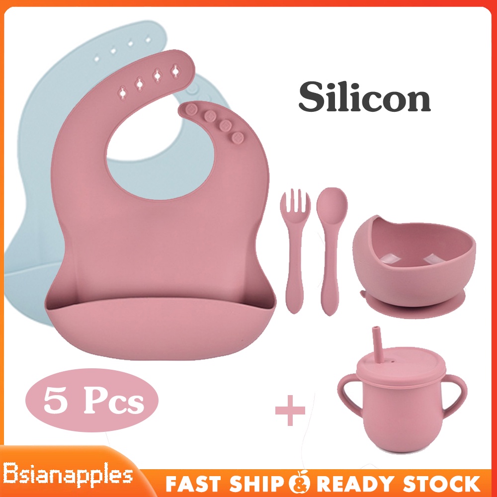 8 Buah Mangkok Piring Sendok Garpu Bib Cup Silikon Bayi Set Anak-anak Non Slip Peralatan Makan Bayi Import Bib Gelas Mangkok Piring Silicone