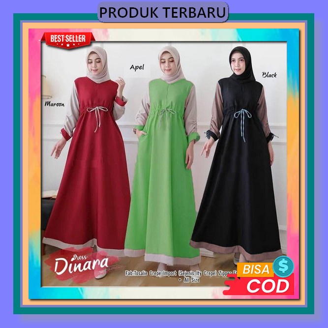Baju Busana Muslim Gamis Terbaru 2023 Lebaran Wanita Import Remaja Kekinian Korean Style Dinara Dres