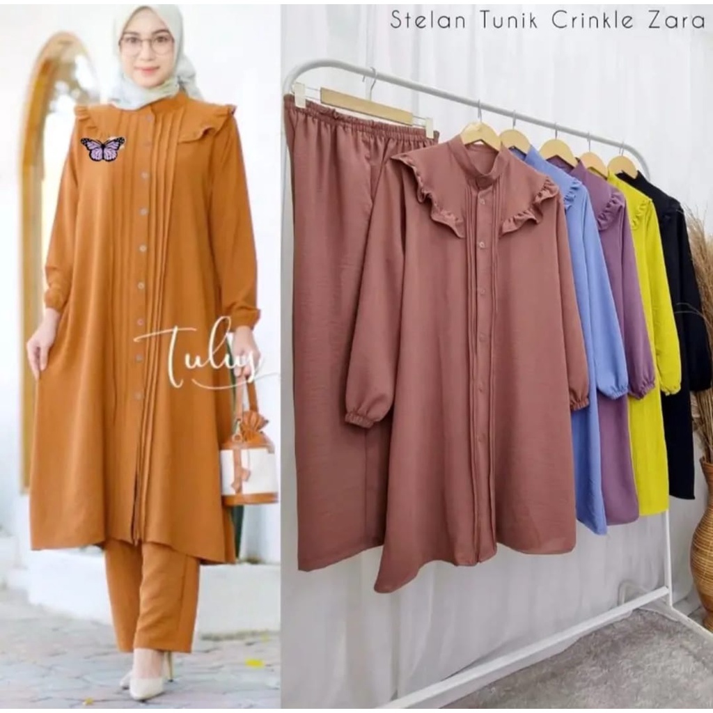 Setelan Crincle Airflow / Setelan Tunik Wanita Dewasa Terbaru Polos / Setelan tunik cewe polos musta