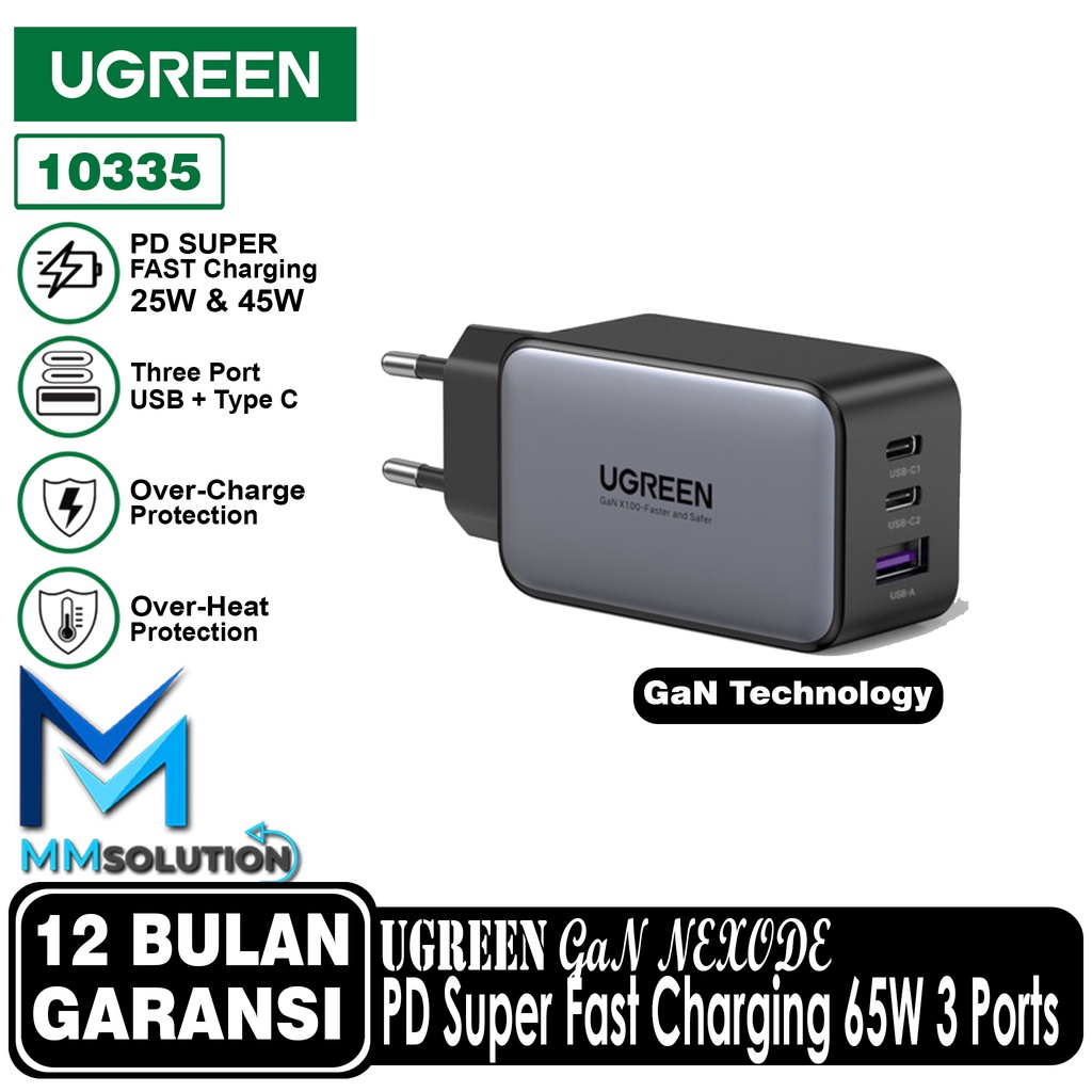 UGREEN Adaptor Charger 65W 3 Port 2 USB C+1 USB A Super Fast Charging