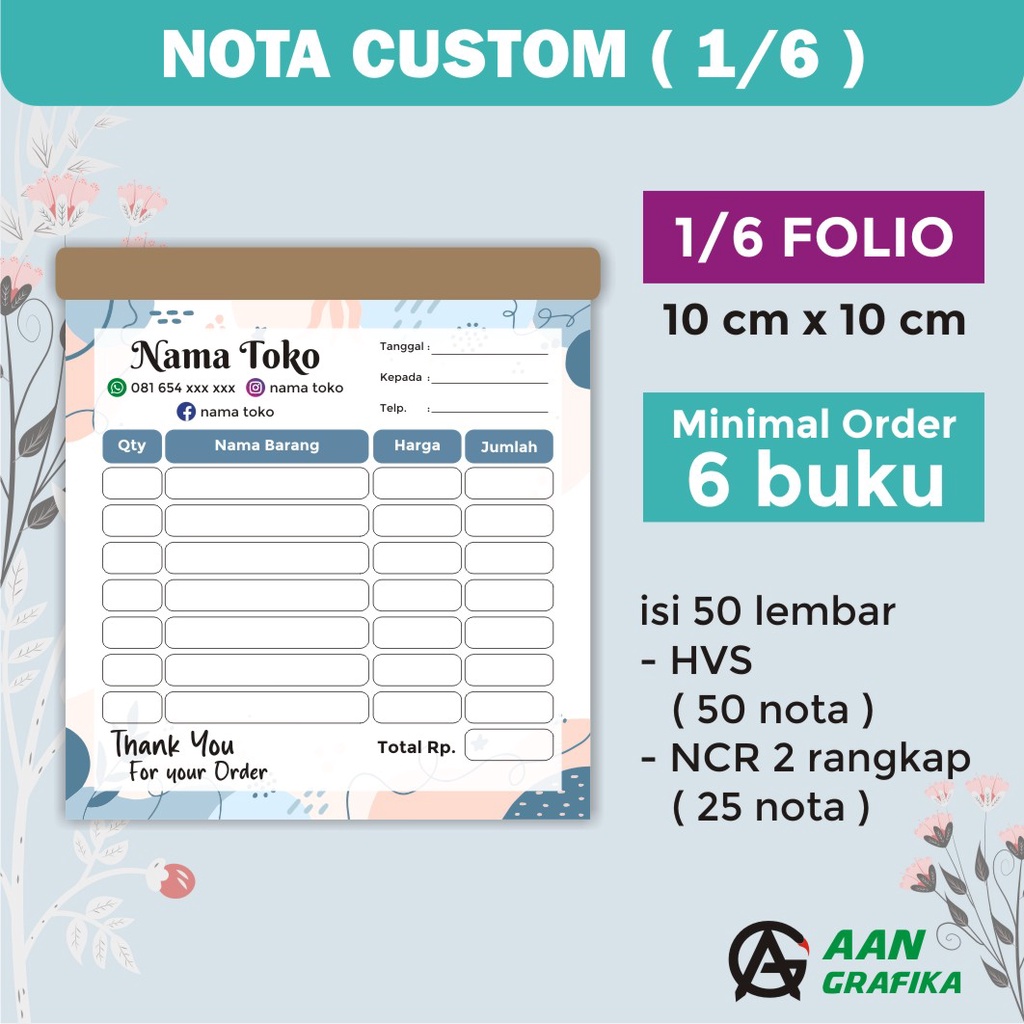 

NOTA CUSTOM olshop / toko / laundry / kwitansi (ukuran 1/6) 1 & 2 ply
