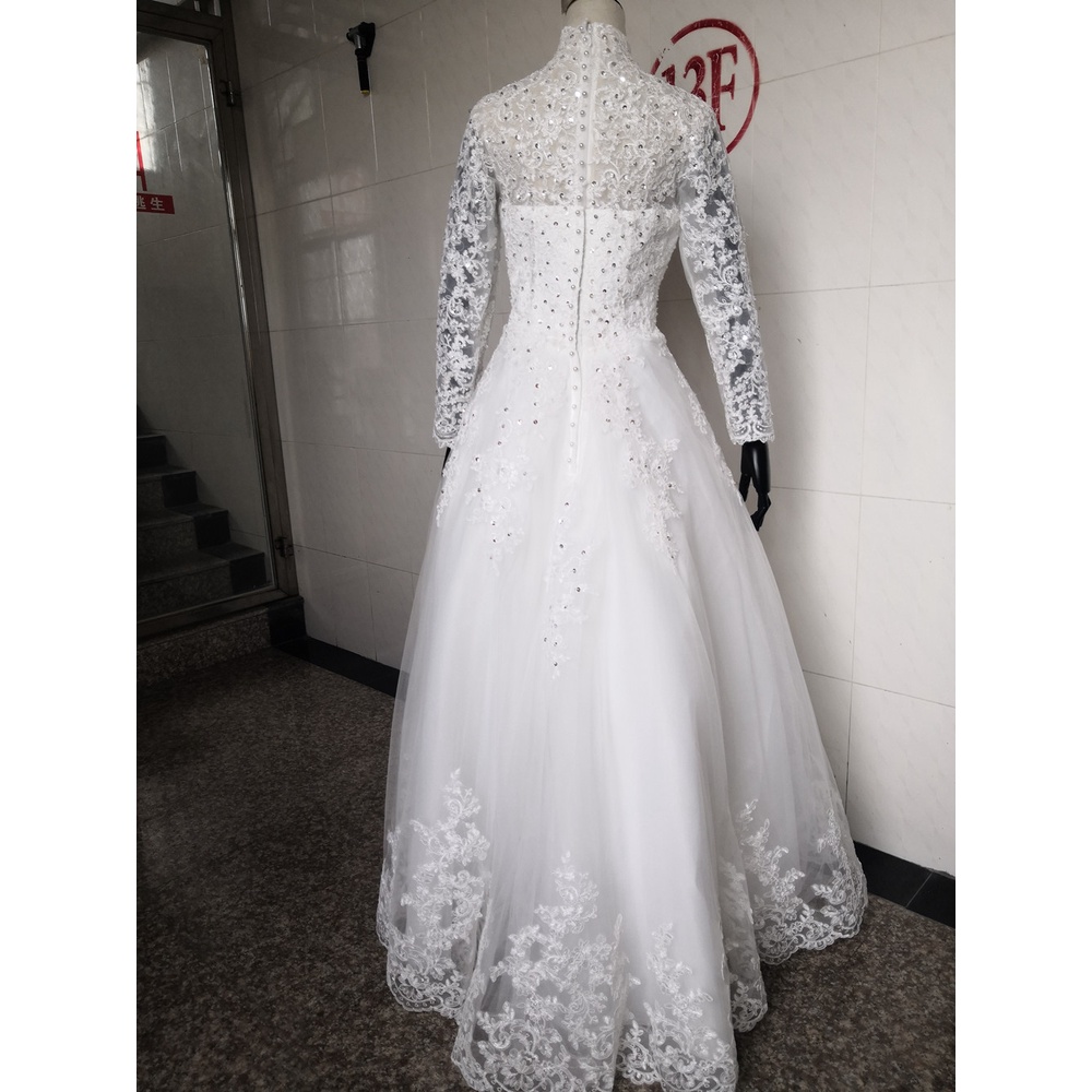 White Muslim Women High Collar Long Sleeve Lace Beaded Long Tail Wedding Gown Dress gaun pengantin putih lengan panjang wanita muslim