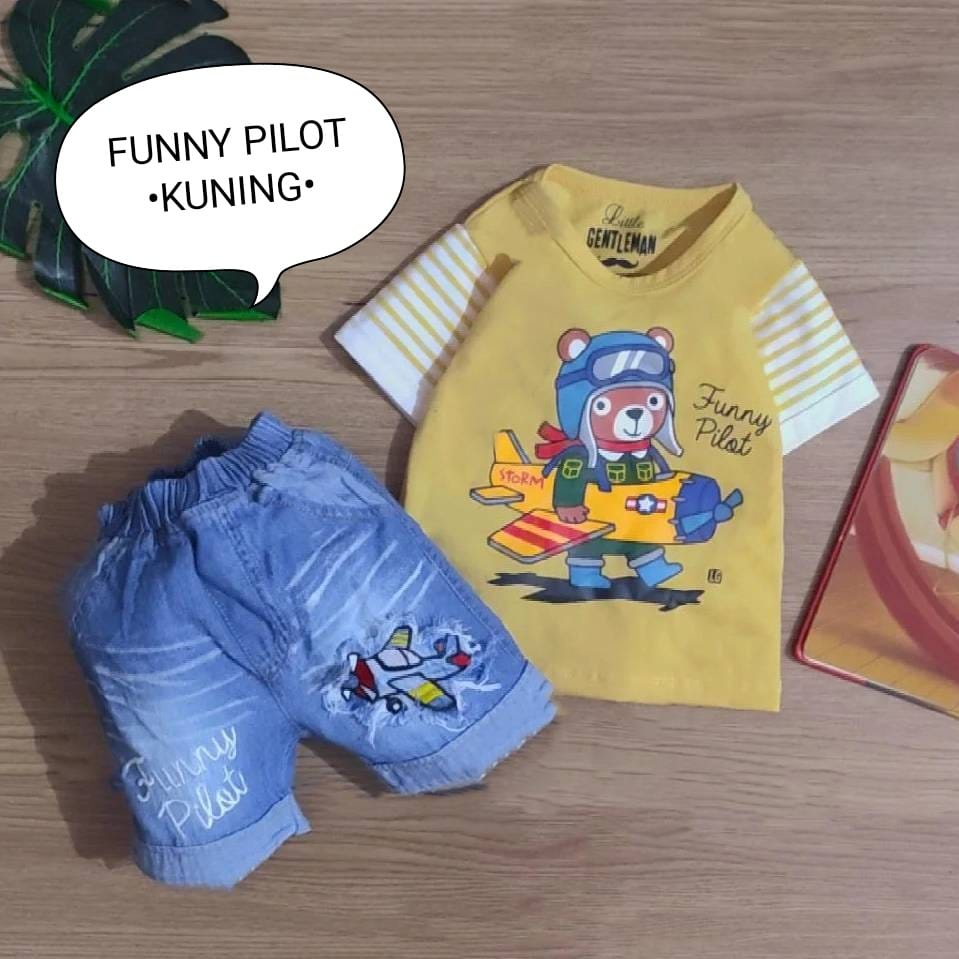 Setelan Baju Bayi Laki-laki 3-12 Bulan Kaos dan Celana Jeans Motif Funny Pilot
