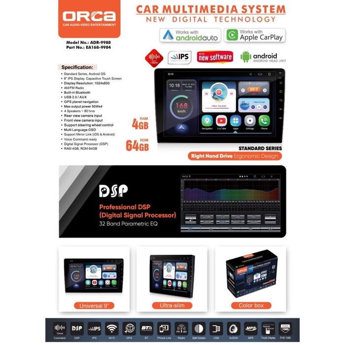 Terlaris Orca Adr-9988 New Standard Head Unit Android Universal 9 Inch