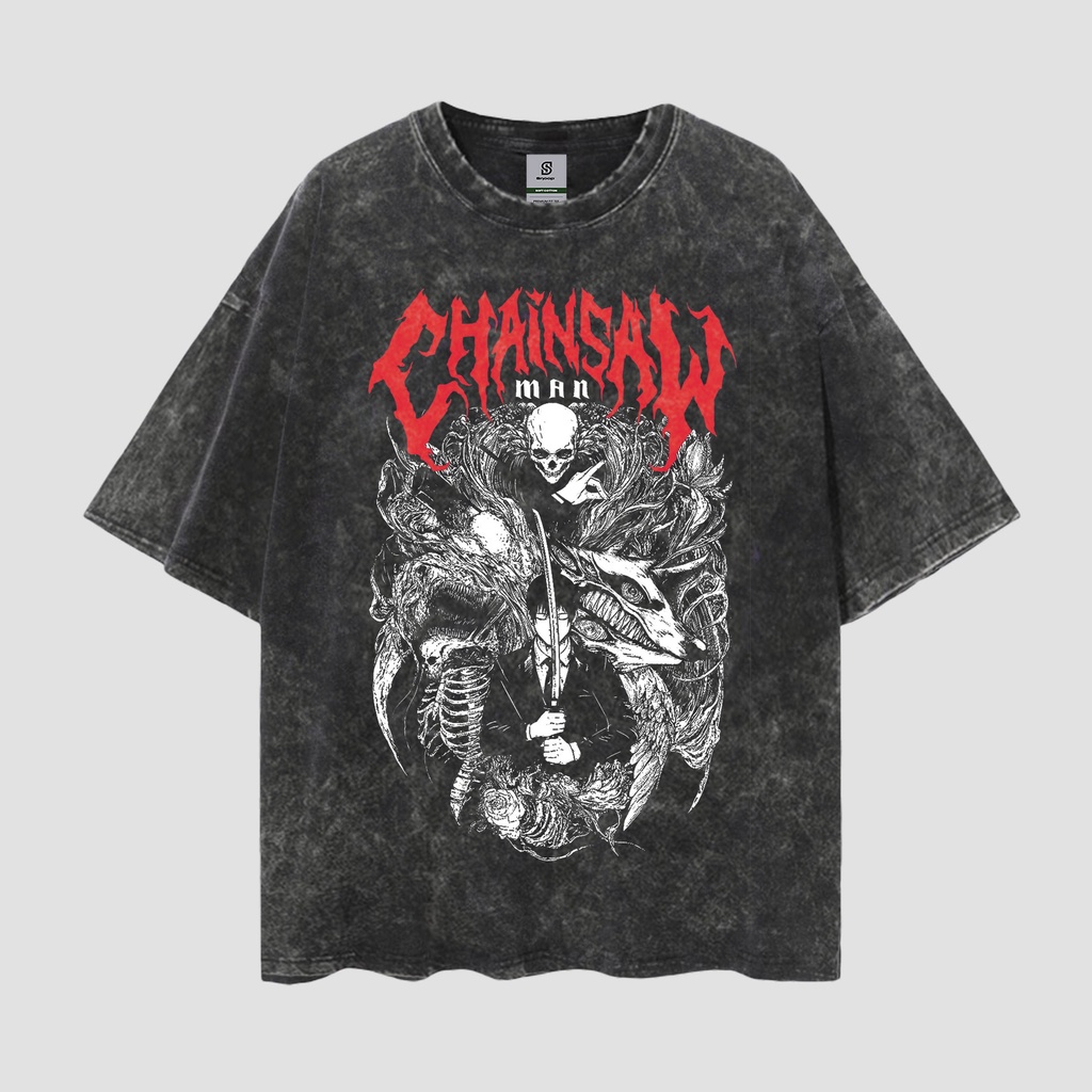 Baju Chainsaw Man Poster Vintage Style Oversize Washed Tee