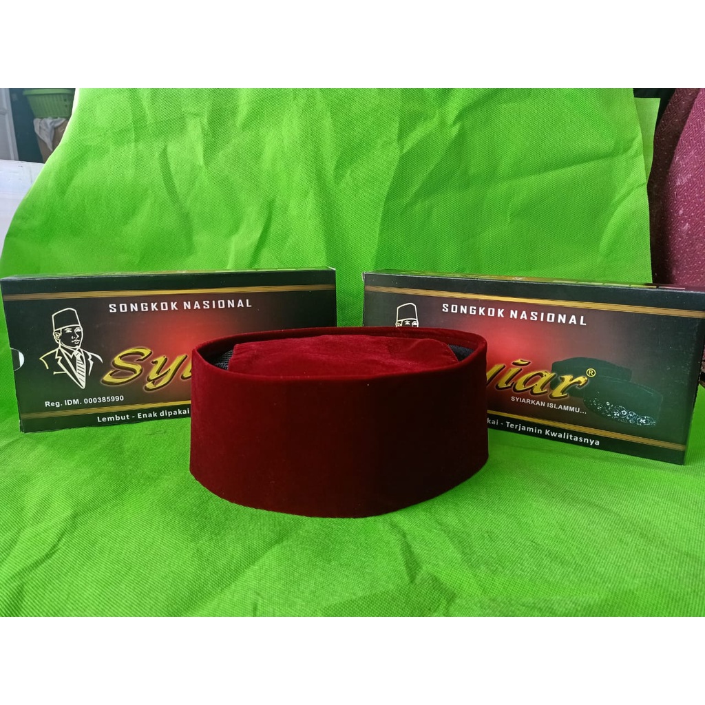 Songkok Syiar Merah AC / FULL AC songkok Nasional bahan Bludru Peugeon Premium tinggi 10 cm