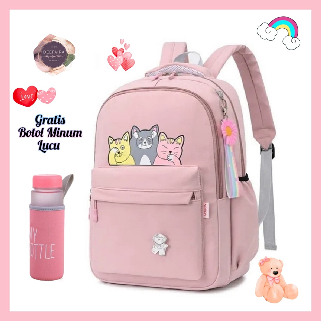 Tas Sekolah Anak Perempuan Motif Smile 3 Kucing Dan Gratis Botol Minum Lucu Untuk Anak Sd Smp Sma