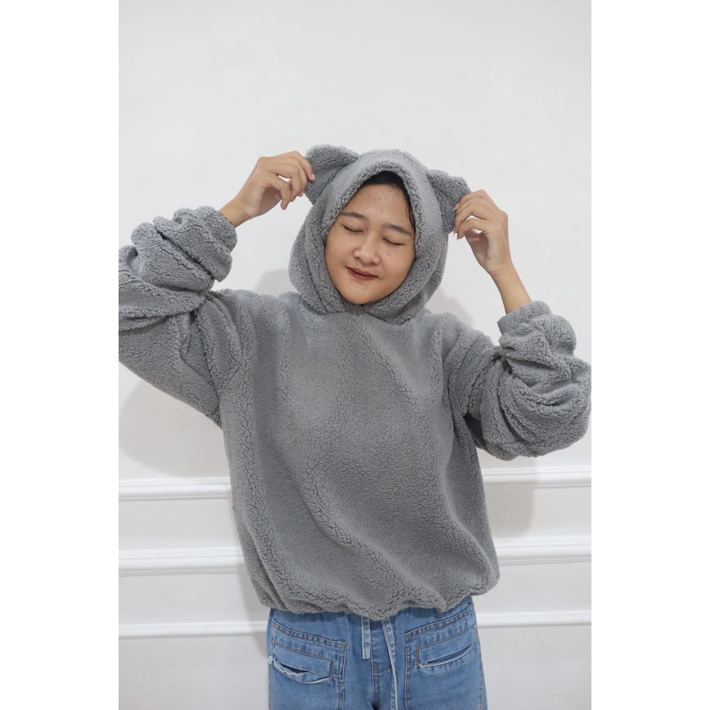 Sweater Bulu Sherpa Wanita Viral Crop Jaket Wanita Jaket hodie bulu kelinci lucu