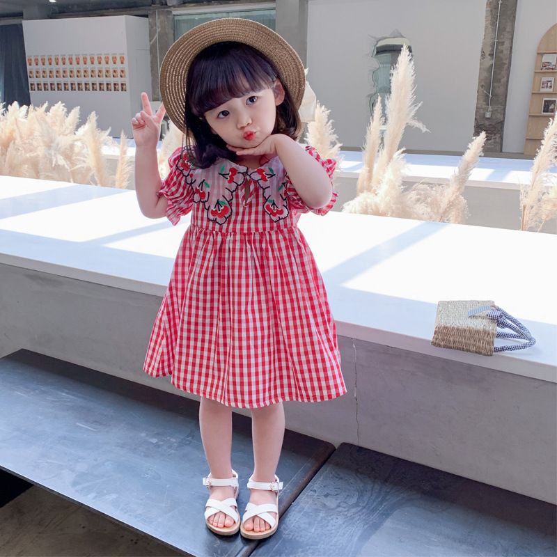 Dress Anak Perempuan Fashion Import - Motif Merah kotak Kerah Lace Cherry