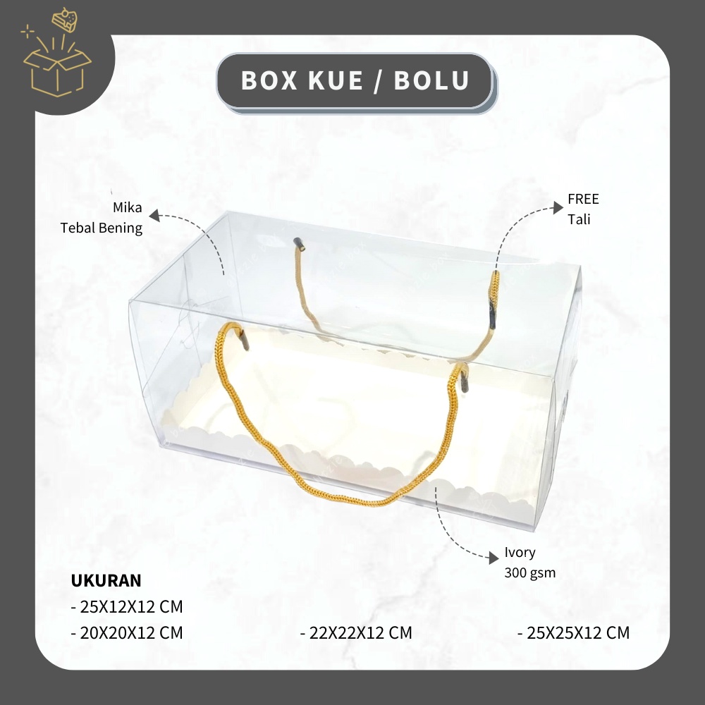 (10 pcs) BOX KUE MIKA HANDLE TALI | Dus Bolu Gulung Mika - Box Mika Emas - Box Mika Merah - Dus Kue 