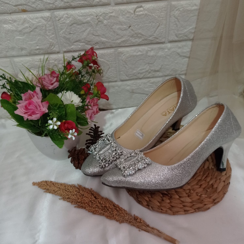 Sandal heels Wanita Gliter Variasi Flower Kotak Berkilau