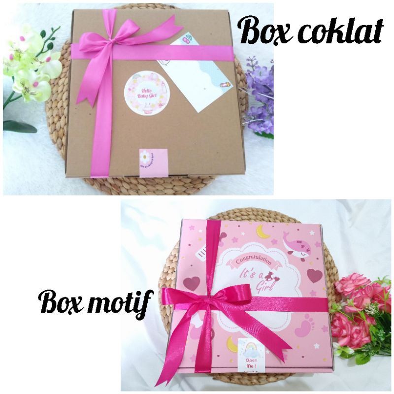 Hampers bayi perempuan model CROP TOP MEDINA box premium motif dan coklat 0 - 12 bulan / baby girl gift set MEDINA with bandana kacamata kaos kaki baby girl lucu