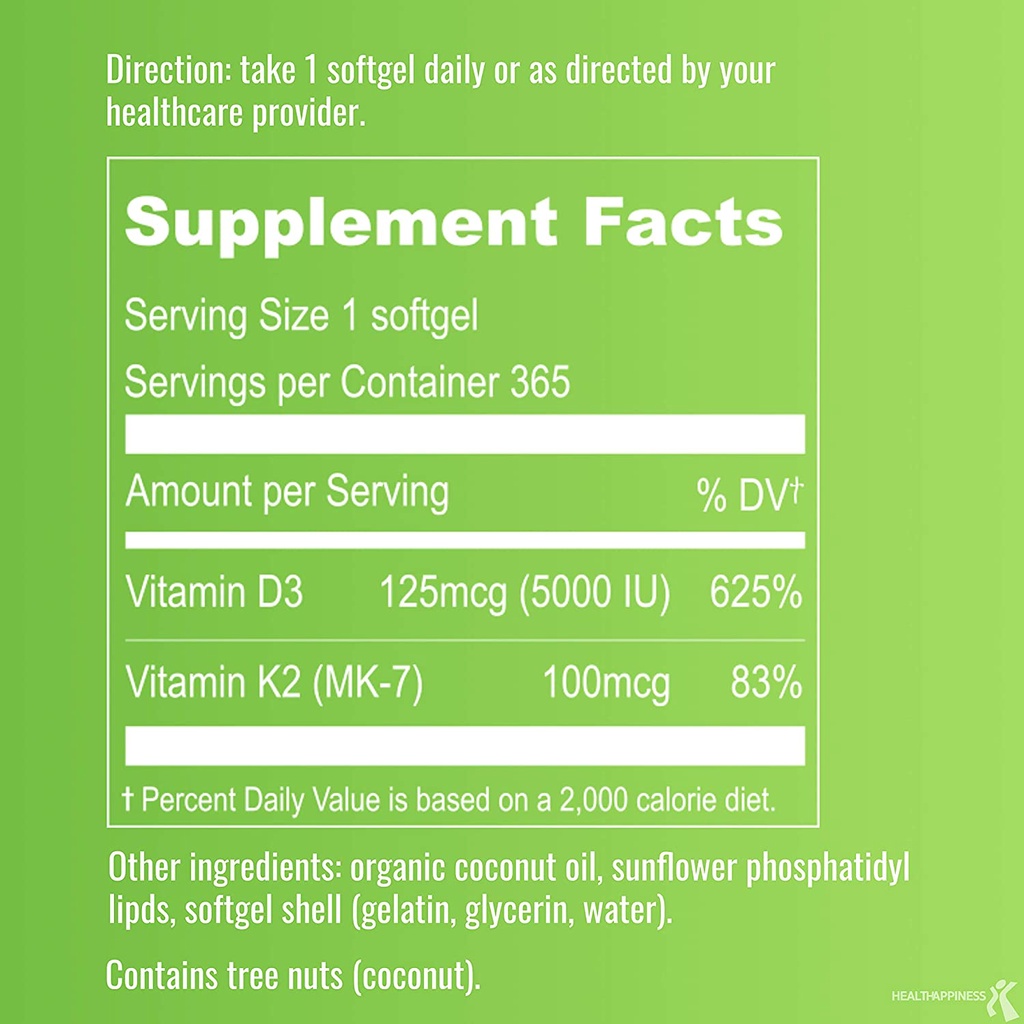 Upnourish Liposomal Vitamin D3 5000IU + K2 as MK-7 100 Mcg 365 Softgels USA