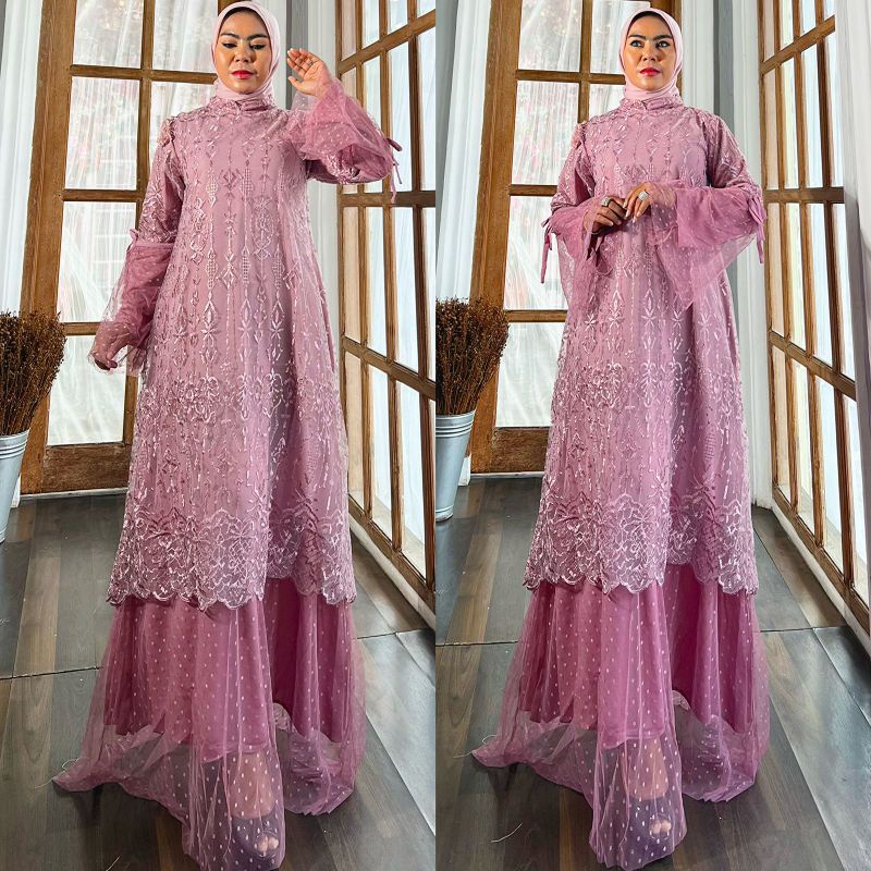 Gamis amanda tile bordir mix tile motif polkadot BY MJ PREMIUM // Dress pesta wanita kekinian 2023 /