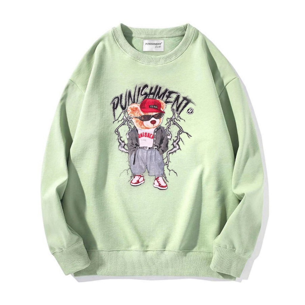 Sweater crewneck pria wanita unisex distro teddy bear warna hijau matcha series bahan flecee tebal dan halus size M L XL