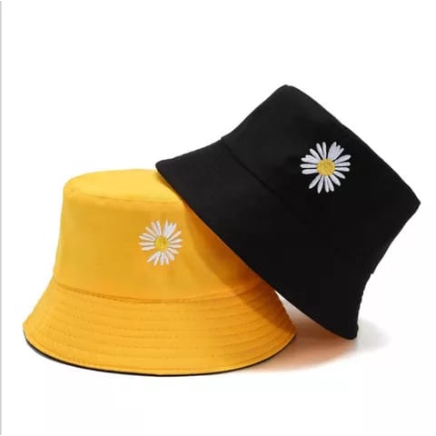 Topi Bucket Dua Sisi Anti Uv Motif Bordir Bunga Daisy Bahan Katun Twill / Bucket Bordir Bunga matahari