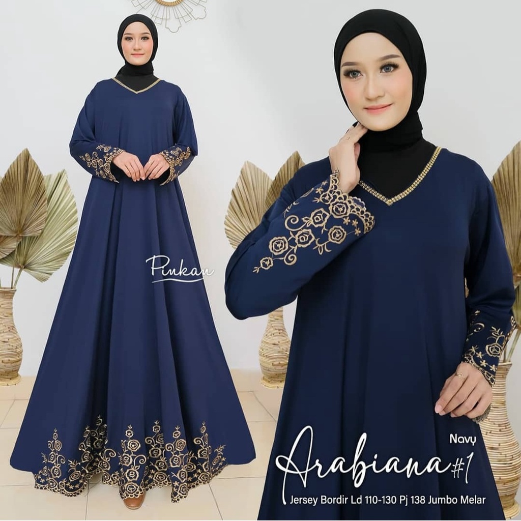 Gamis Muslim Jumbo Jersey Motif Bordir xxxl Ld 130cm Arabiana #1 Turkey Maxy Turqi Abaya Gamis Lebaran Remaja Muslimah Terbaru Seragaman Pengajian Murah Dress Wanita Muslimah Syar'i Gamis Polos Tebal Premium Warna Hitam