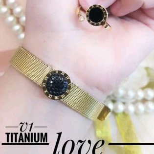 Gelang set Cincin Titanium Gold Aksesoris Fashion Wanita Import Awet Anti Karat 2402a3