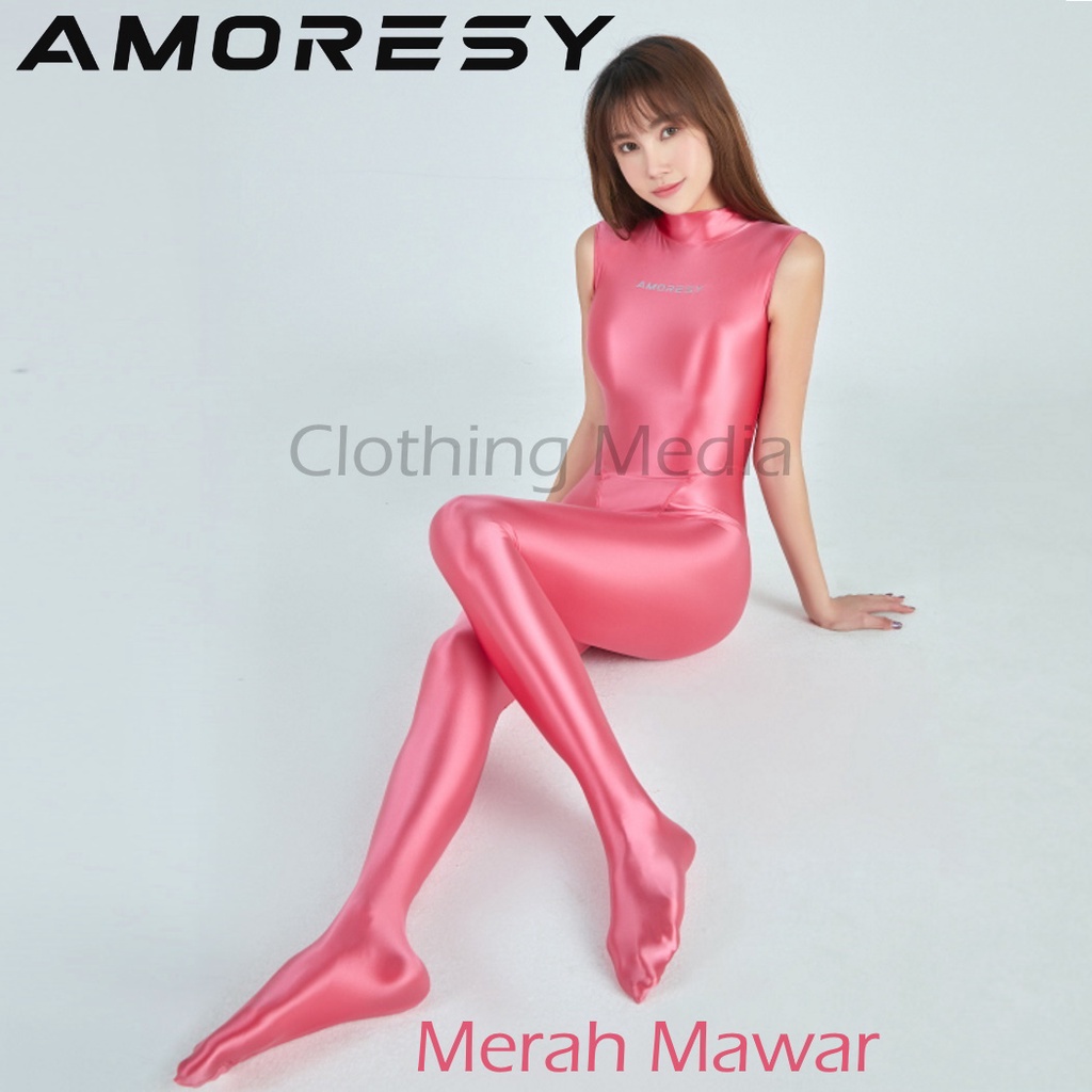 AMORESY Bodysuit Sleeveless Glossy Premium Silky Tanpa Lengan Jumpsuit Halus