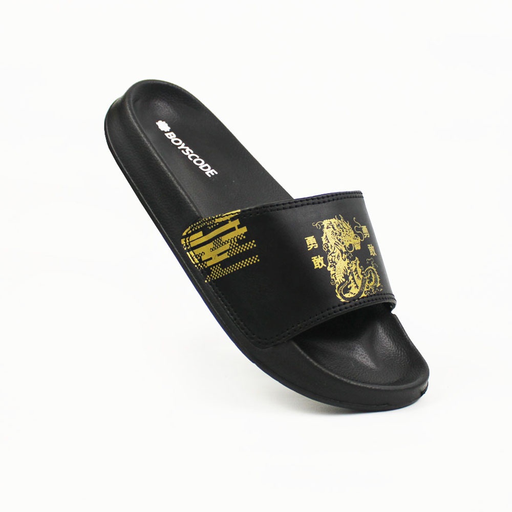 Sendal Selop BOYSCODE Dragonsea Hitam Gold Pria Wanita / Sandal Slide Cowok / Sandal Slip On / Sanda