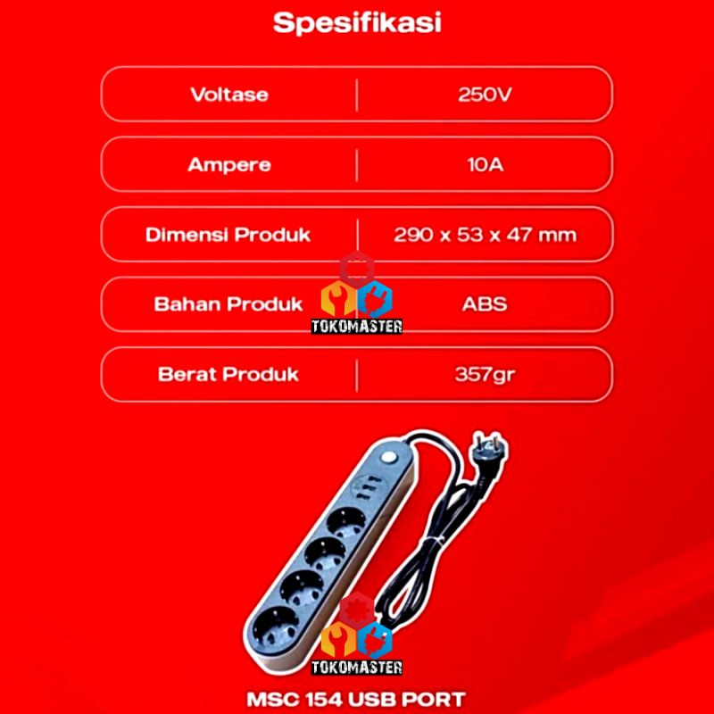 Stop Kontak + USB Colokan Set Kabel 4 Lubang AC 3 USB Mitsui MSC 154 USB Port Terminal Smart Power On Off Adapter