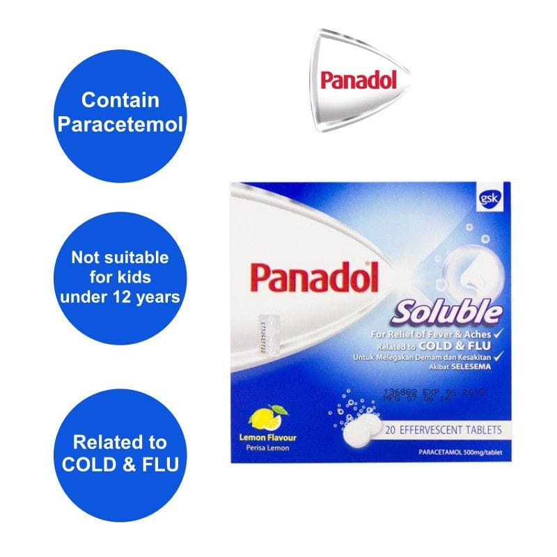 Panadol soluble isi 20 dan isi 4 tablet celup solubel