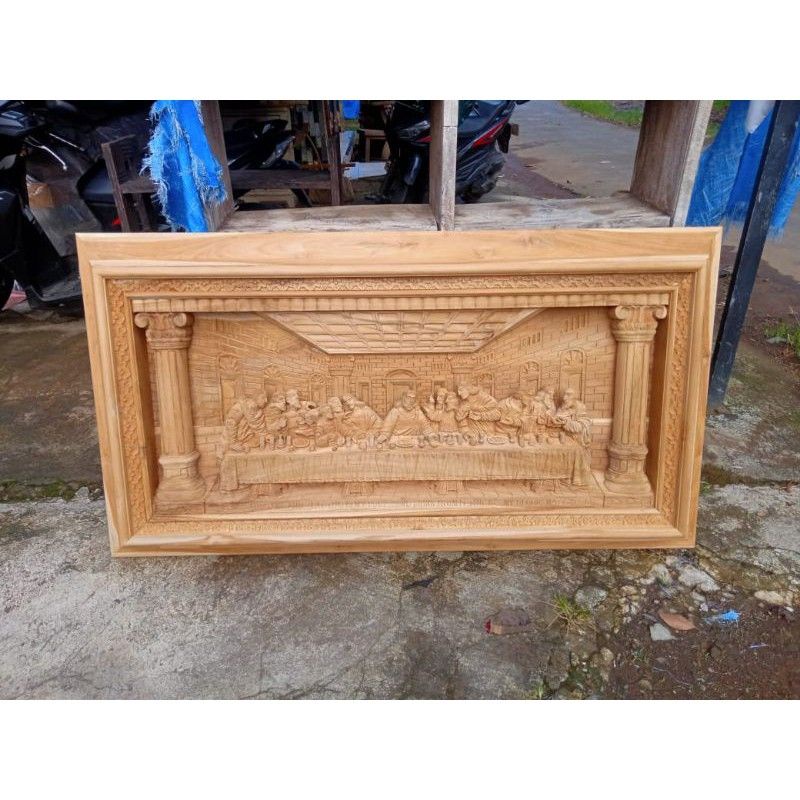 perjamuan yesus kudus relief ukir kayu jati hiasan dinding sembayang furniture modern mebel jepara