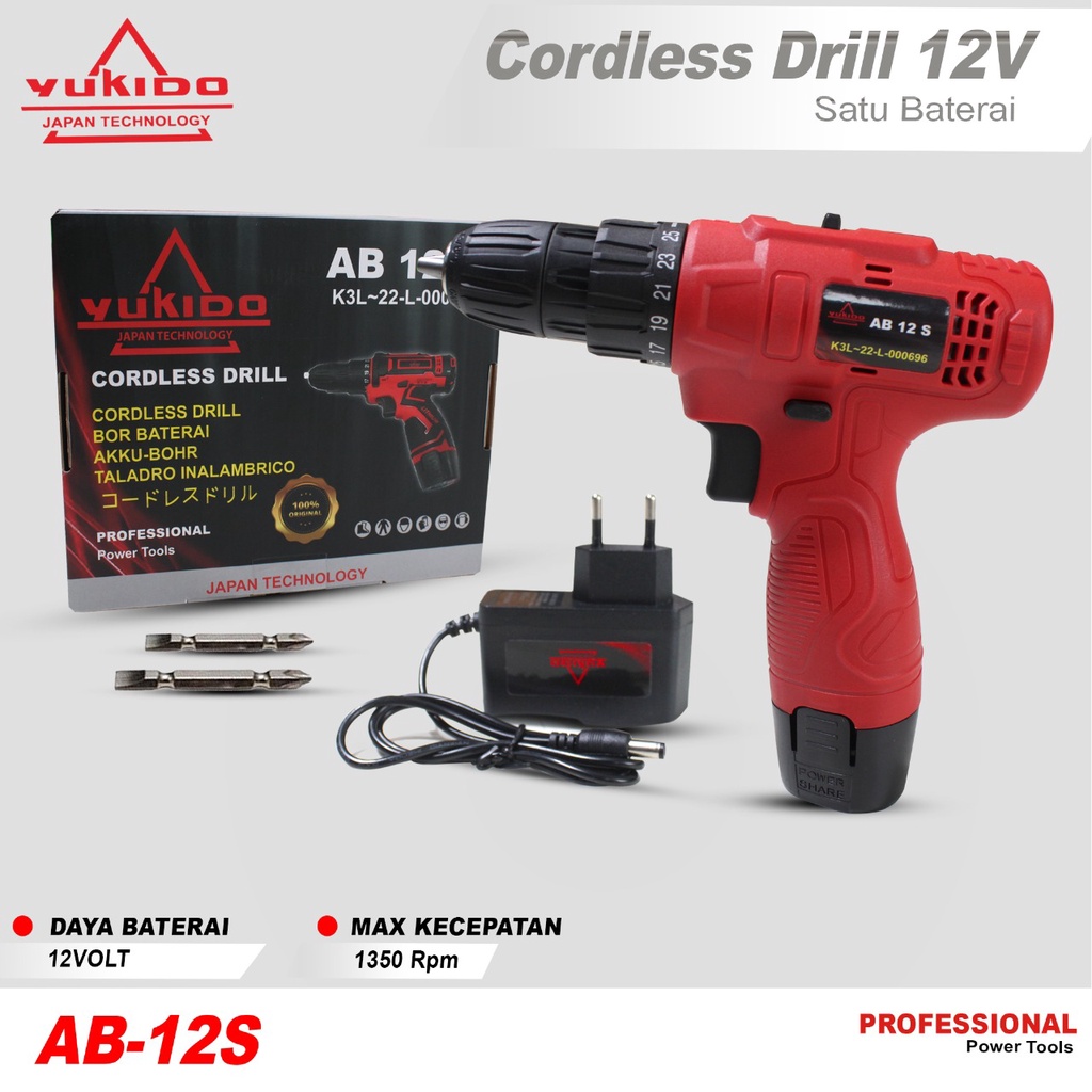 YUKIDO Cordless Drill Set 12V Mesin Bor Baterai Obeng Kunci Pas KUALITAS TERJAMIN