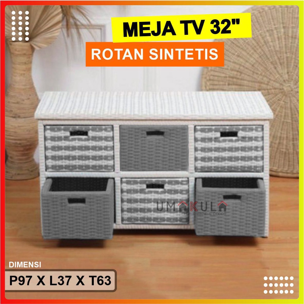 Lemari Rak Rotan Sintetis 6 Laci Buffet Bufet Meja TV Ruang Tamu Serbaguna Minimalis Murah Terbaru