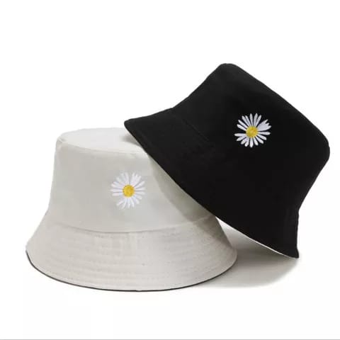 Topi Bucket Dua Sisi Anti Uv Motif Bordir Bunga Daisy Bahan Katun Twill / Bucket Bordir Bunga matahari