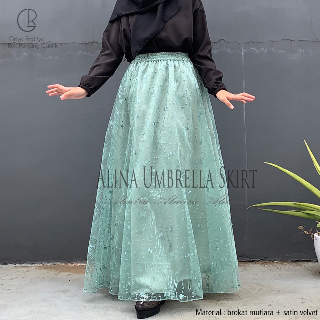 Rok Brukat Satin Payung  Kondangan Alina Umbrella Skirt Brokat Mutiara Almira Panjang 100cm Gratis Potong