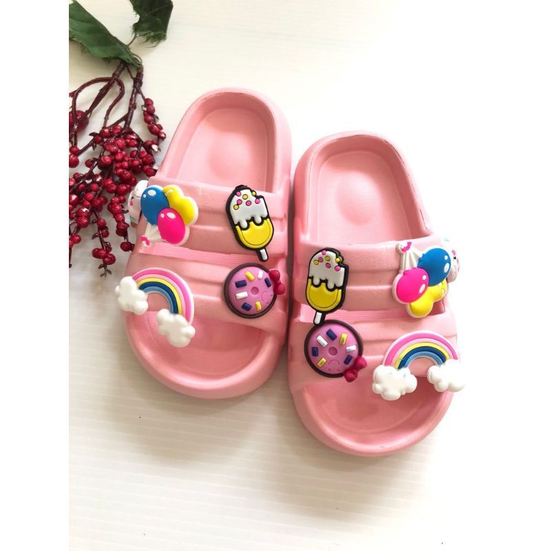 Sandal anak perempuan Casual ban dua slip on motif jibitz lucu gemoy