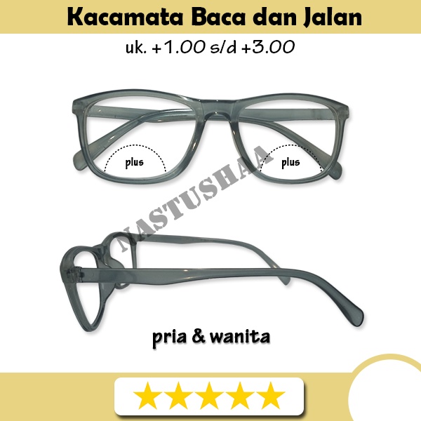 Kacamata Baca dan Jalan Double Fokus Bifokal Pria Wanita ukuran +1.00 sd +3.00 Bingkai Kotak Plastik Warna Abu NOCASE