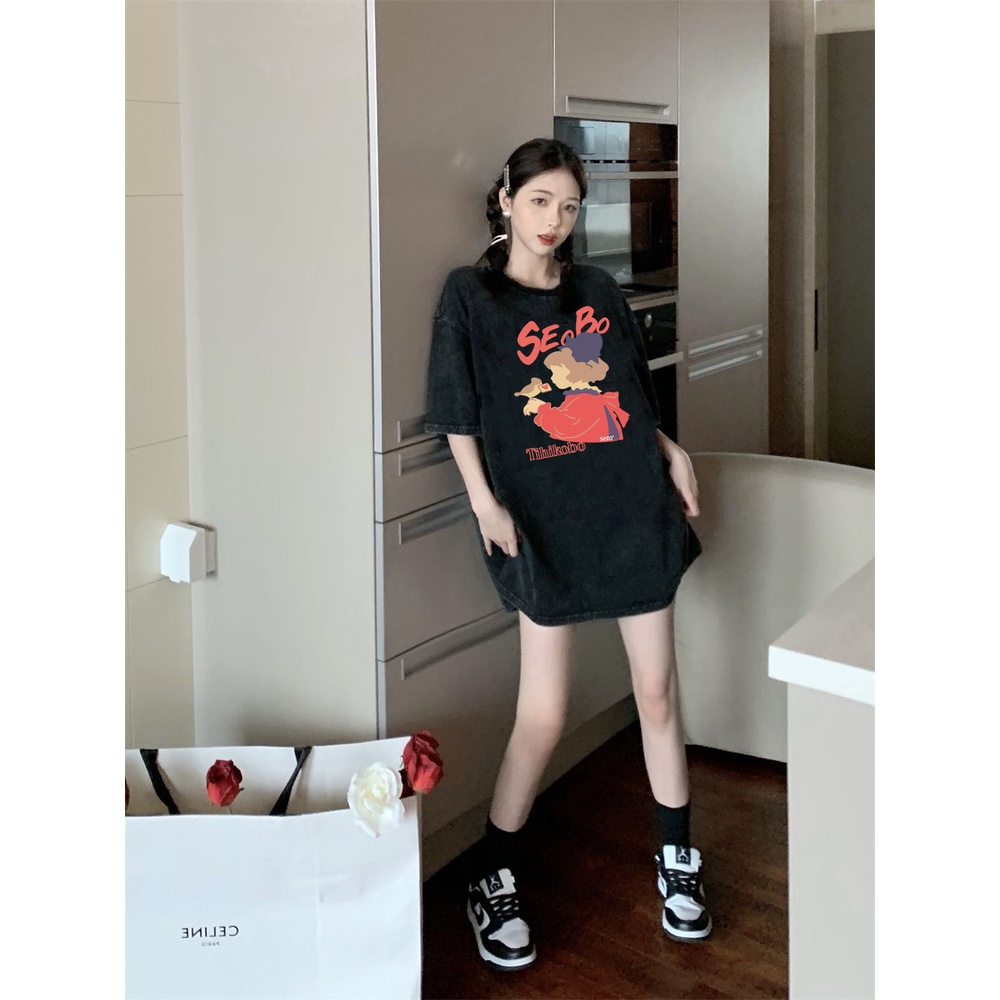 XIAOZHAINV Kaos Atasan Wanita Portrait Anime Pattern Lengan Pendek A0038