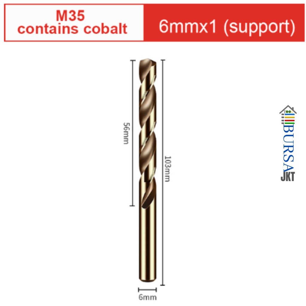 MATA BOR HSS COBALT BESI M35 GOLD MELUBANGI BESI STAINLESS STEEL 6 MM