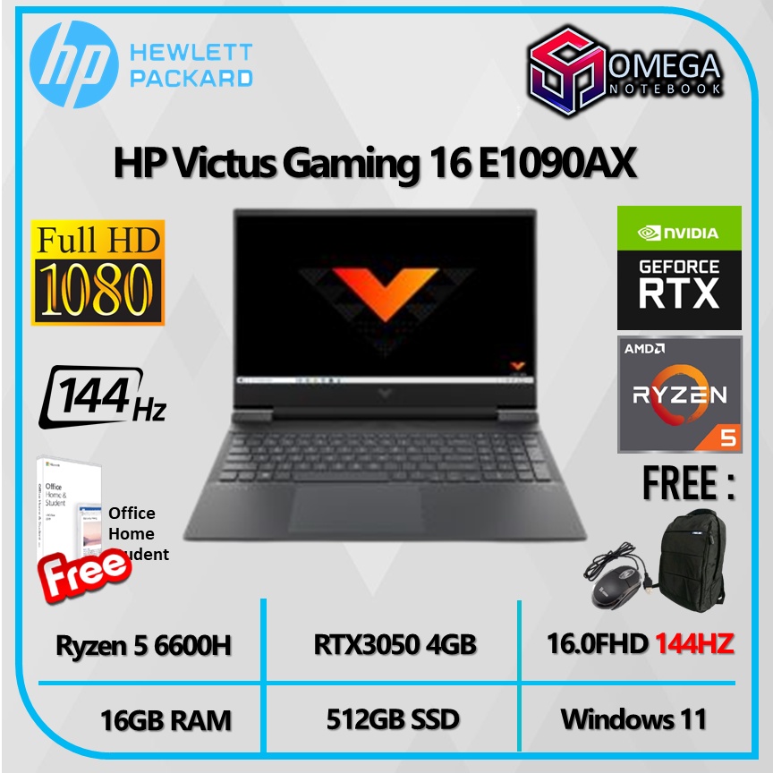 HP Victus Gaming 16 E1090AX Ryzen 5 6600H 16GB 512SSD RTX3050 4GB 16.0FHD 144HZ Windows 11 + OHS