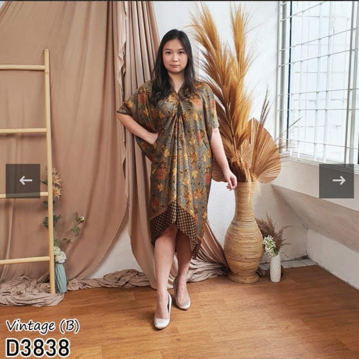 Kaftan Batik Pendek Wanita Dress Pesta Party Kondangan Jumbo Big Size - black milo (V0M1) Kondangan 