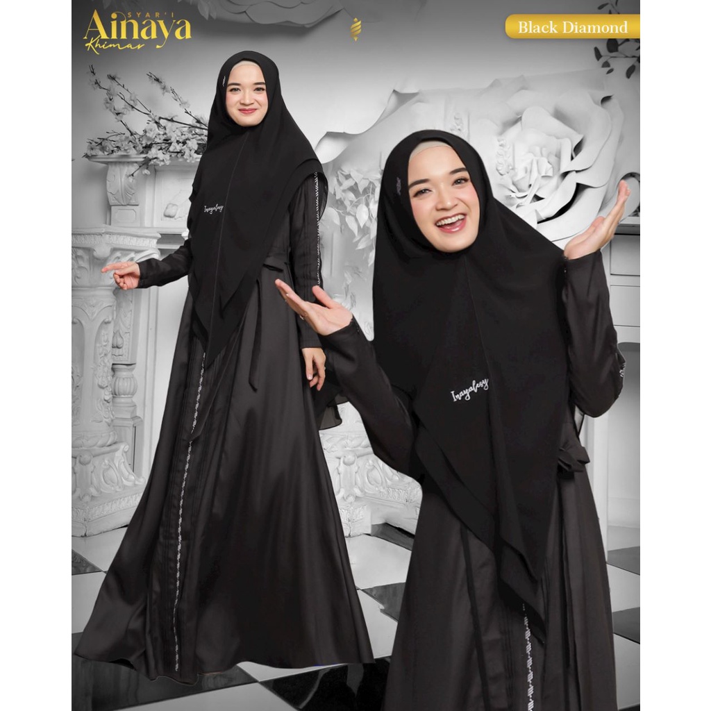 GAMIS AINAYA SET KHIMAR BLACK DIAMOND BY INAYALESY BAHAN FODU MADINA BAJU BUSANA MUSLIM MUSLIMAH DRE