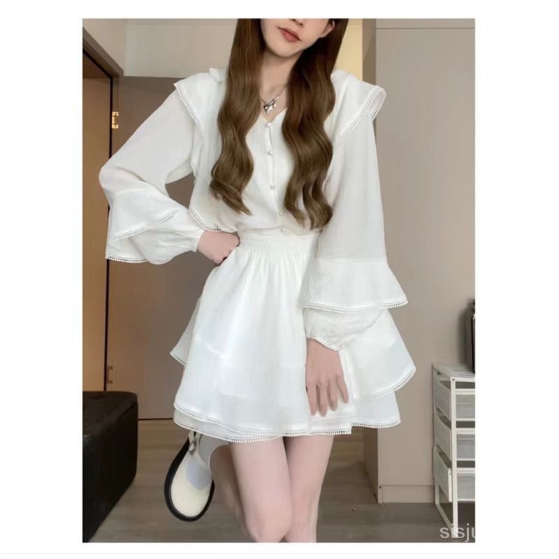 [✅BISA COD] #Sisjuly# Wanita baru kemeja busana kasual setengah rok atas set rok wanita dua potong