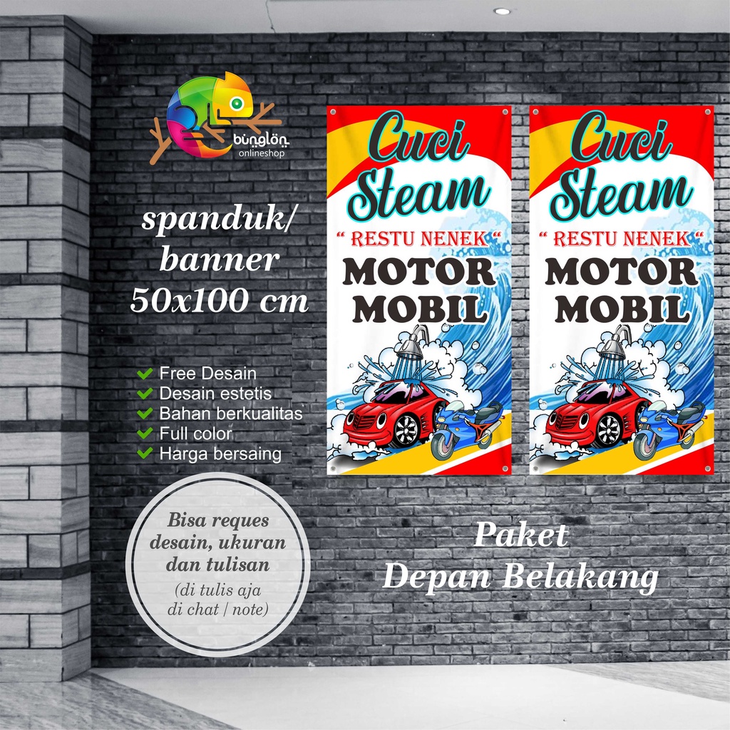 Spanduk Banner 50x100 Cm Plang Spanduk Cucian Motor, Cuci Mobil, Free Desain, Spanduk Cuci Motor Mob