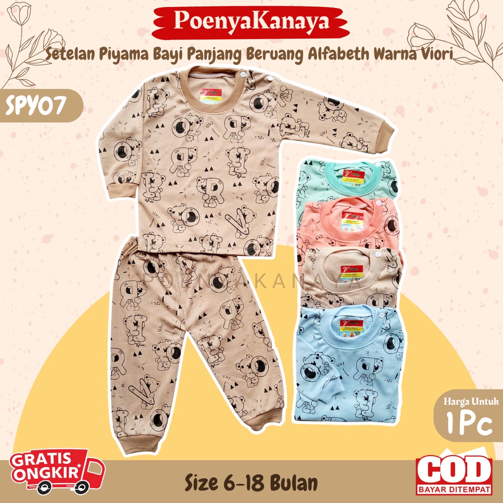 Setelan Baju Bayi Piyama Bayi Panjang BERUANG ALFABETH Warna Viori Size 6-18 Bulan SPY07