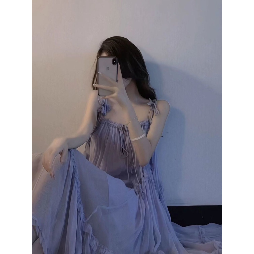 Gaun peri peri super lembut Prancis yang lembut, ceruk desain ceruk rasa resor tepi pantai, gaya gau