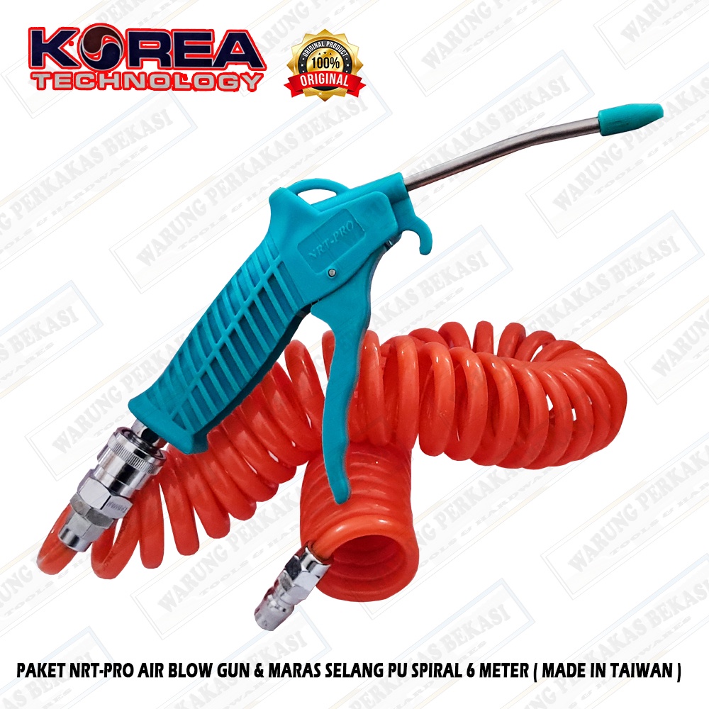 Paket Lengkap MARAS Selang Angin Kompresor PU Recoil Sepiral 6 Meter - NRT-PRO Air Blow Gun Coupler Set