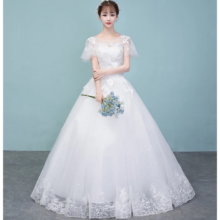 Gaun Pengantin Gaya Korea Grosir Gaun Pernikahan Pengantin Renda Bordir Leher-o Gaun Pesta Putih Pay