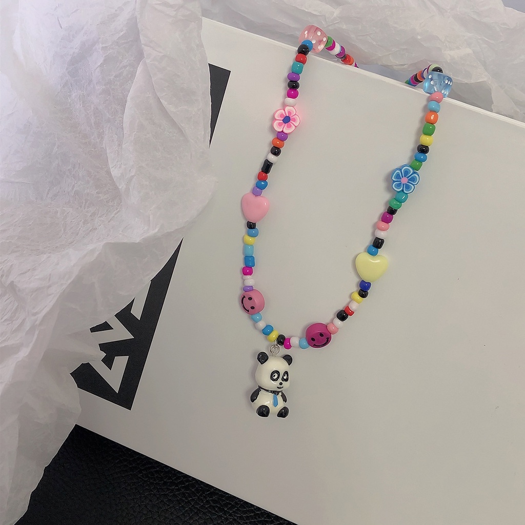 Kalung Liontin Panda Lucu Warna-Warni Smiley Face Love Beads Rantai Klavikula