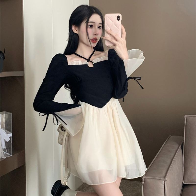 Rok A-line pelangsing pinggang tinggi baru wanita gaun lengan panjang jala