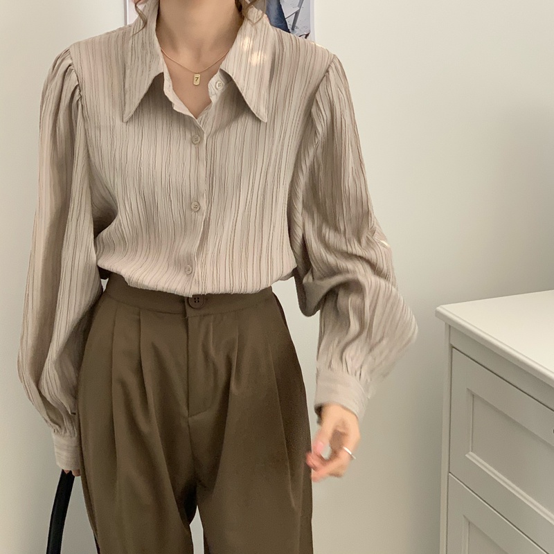 Blouse Wanita Import Crinkle Shirt Oversize Kemeja Lengan Panjang Korean Style