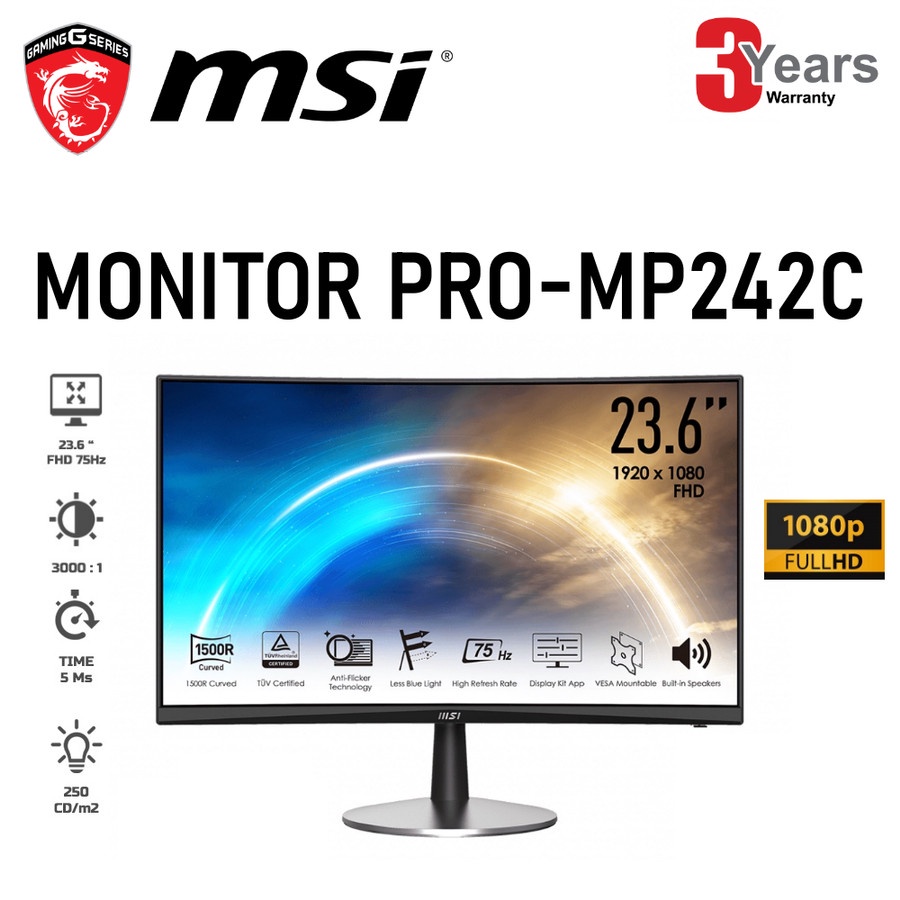 MONITOR LED MSI PRO MP242C CURVED 1ms, FULL HD NEW